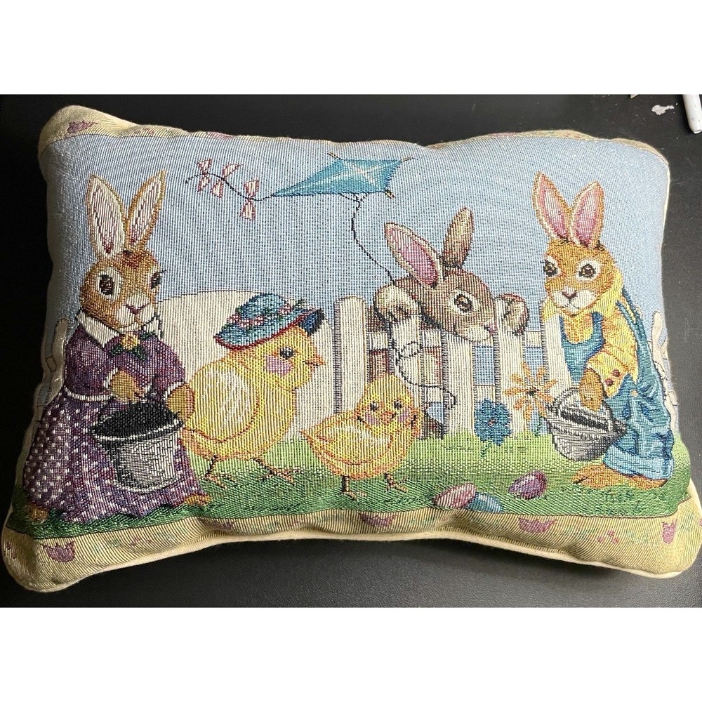 Bunny Throw Pillow 16" Tapestry Yellow Easter Kite Chick Eggs Picket Fence Decor